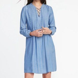 Old Navy Lace Up Yoke Pintuck Chambray Swing Dress